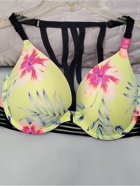 PINK Victoria's Secret Neon Yellow Floral Push-Up Bra with Black Strappy Back